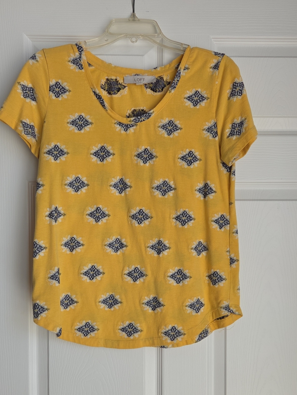 LOFT Yellow Short Sleeve Tee with Navy Medallion Print